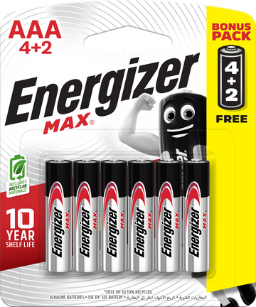 Energizer Max Alkaline AAA Batteries Pack of 4 + 2 Free