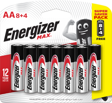 Energizer Max Alkaline AA Batteries Pack of 8 + 4 Free