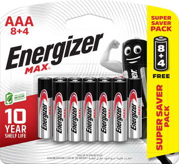 Energizer Max Alkaline AAA Batteries Pack of 8 + 4 Free