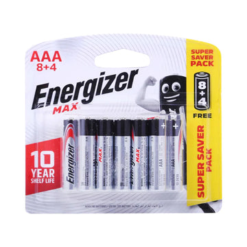Energizer Max Alkaline AAA Batteries Pack of 8 + 4 Free