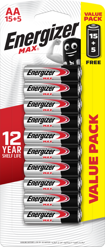 Energizer Max Alkaline AA Batteries Pack of 15 + 5 Free