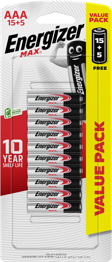 Energizer Max Alkaline AAA Batteries Pack of 15 + 5 Free